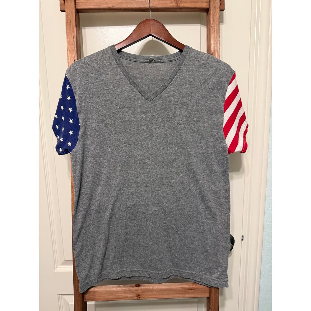 Next Level American Flag Sleeve Tee | Gray V-Neck | Size Medium
